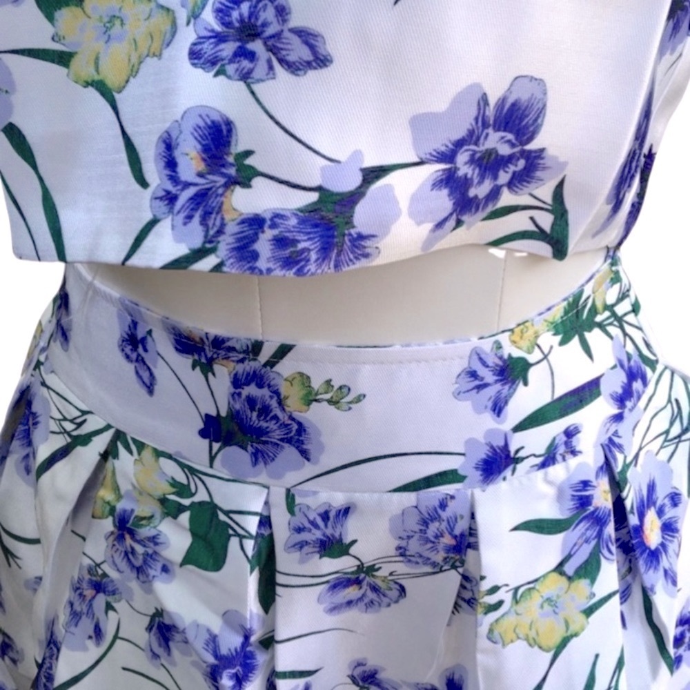 Blue violet floral white 2 pc cap sleeve crop top & full skirt set S M L NWT - Picture 7 of 13